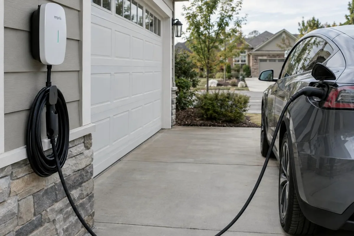 Wall-mounted EV charger on a garage wall with its cable coiled on the unit