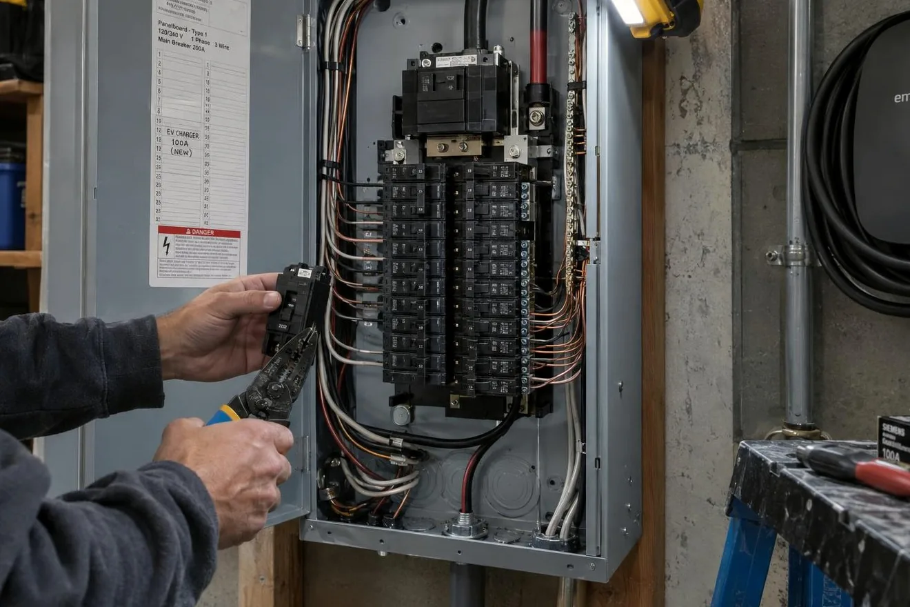 Electrician stripping a wire beside an open breaker panel lit by a work light